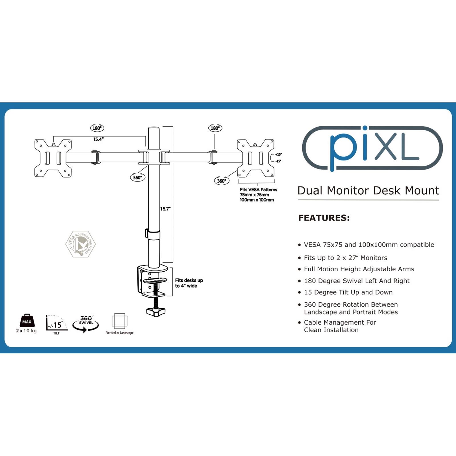 piXL Dual Monitor Arm Desk Mount for 2 x 27" Monitors VESA 75x75/100x100 Black thumbnail 4