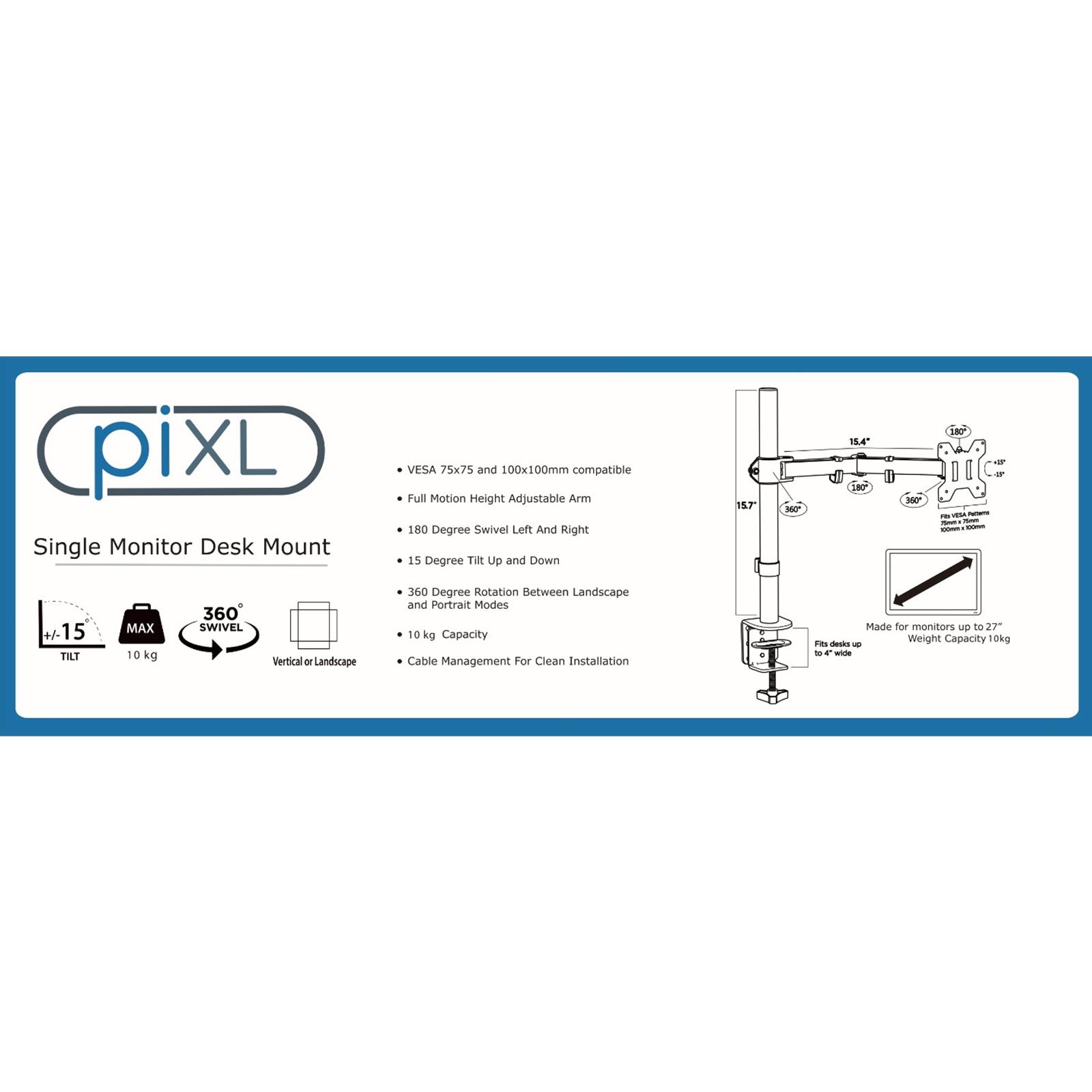 piXL Single Monitor Arm Desk Mount for 27"–32" Monitors VESA 75x75/100x100 Black thumbnail 4