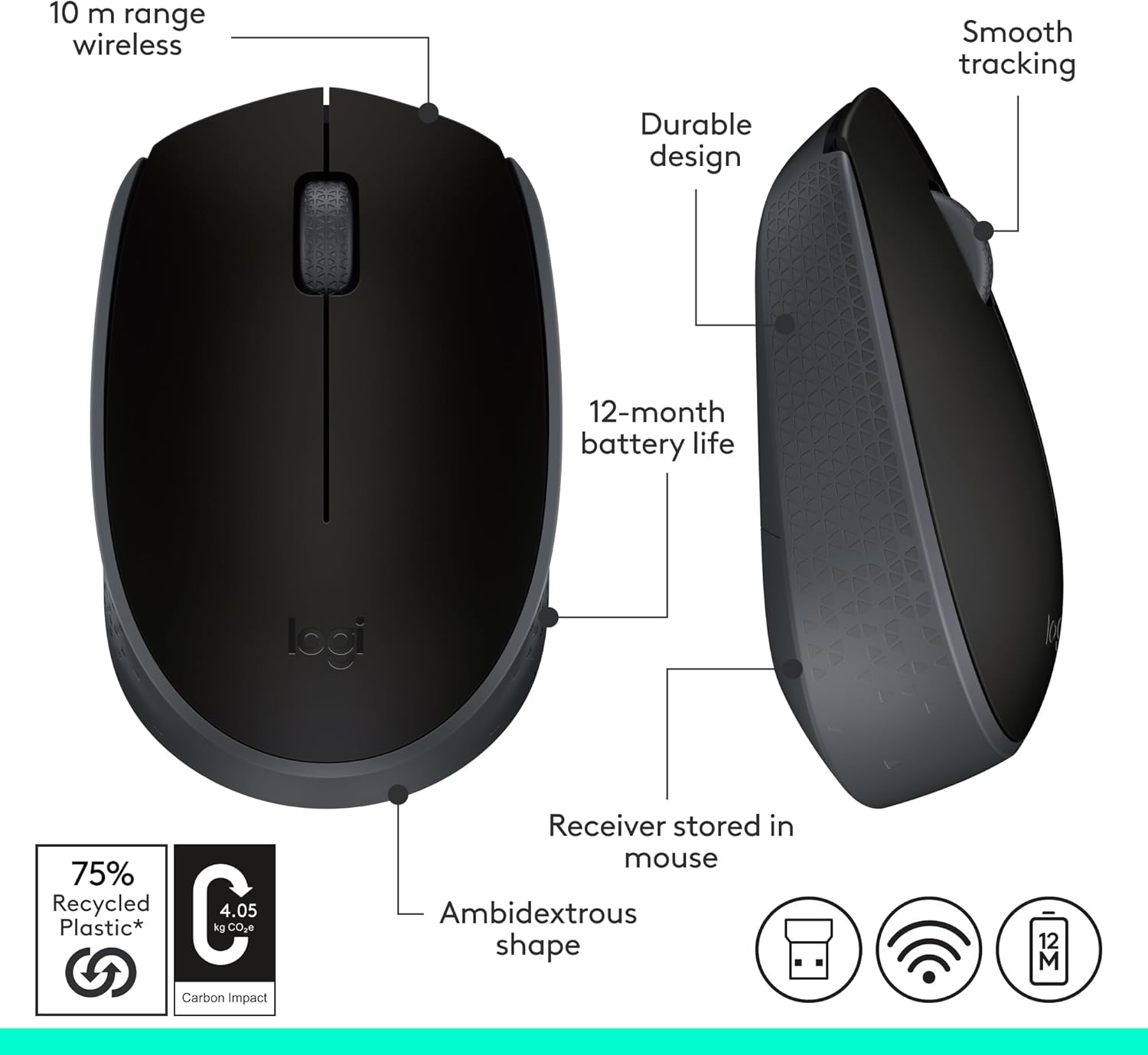 Logitech B170 Wireless Mouse Grey 2.4GHz USB Optical Mouse for PC & Mac thumbnail 4
