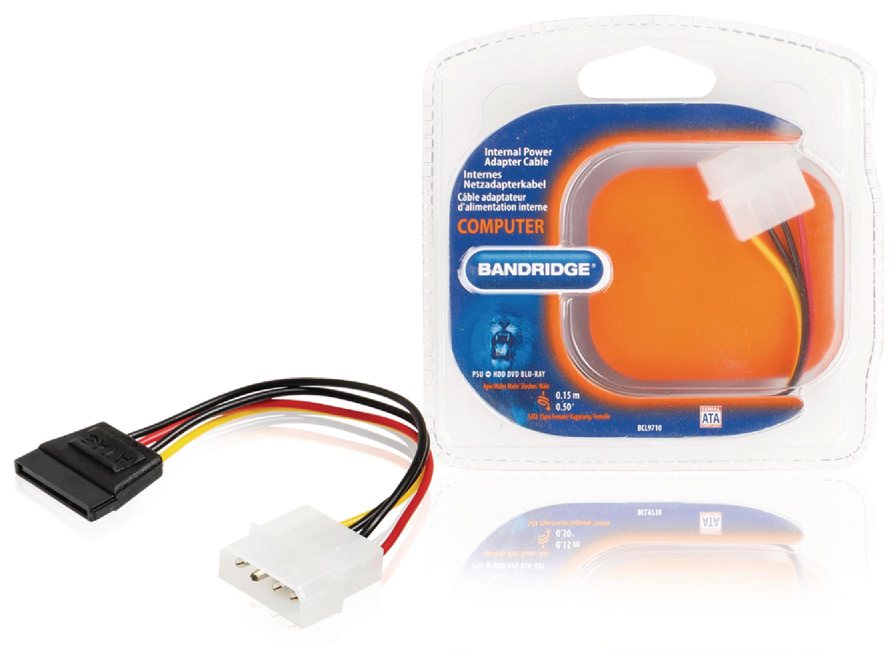 Bandridge Molex to SATA Power Cable 20cm Molex Male to SATA 15-Pin Female BCL9710