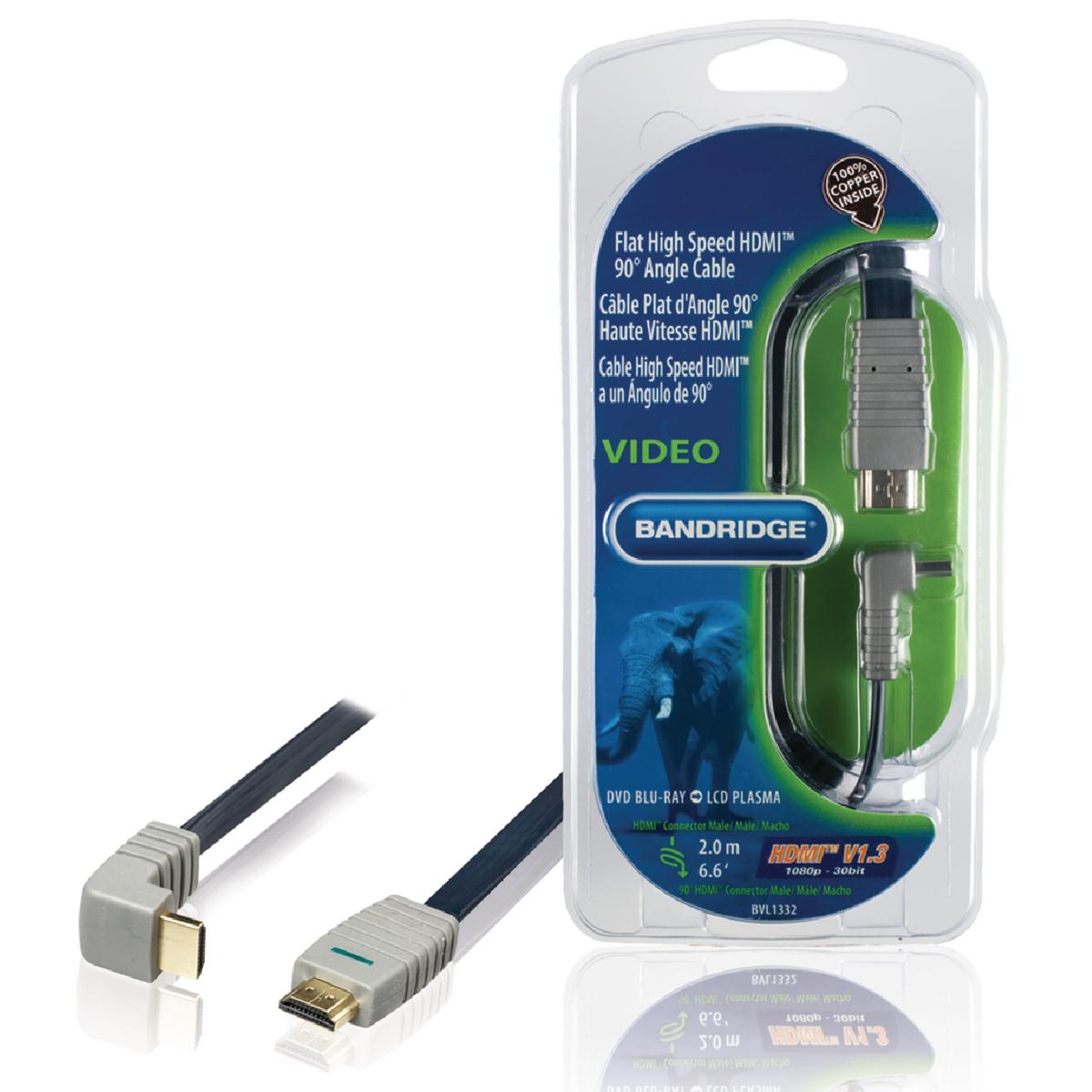 Bandridge 2m Flat High Speed HDMI Cable 90° Angled Connector Full HD 1080p Gold Plated BVL1332