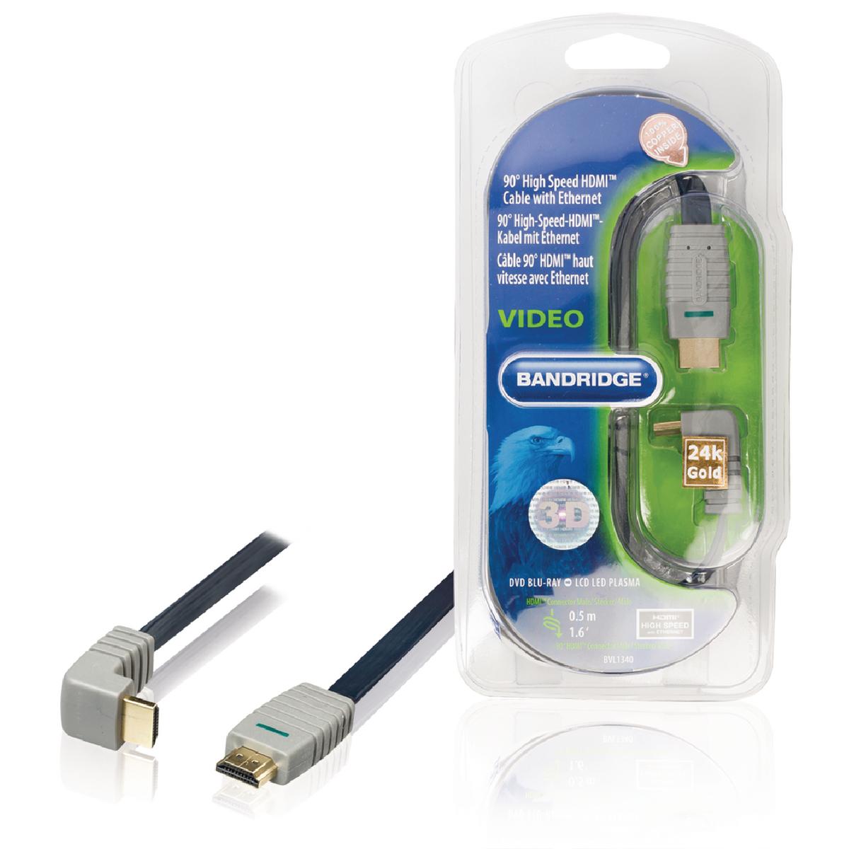 Bandridge 0.5m HDMI Cable 90° Angled Connector 4K Ultra HD High Speed with Ethernet Blue BVL1340