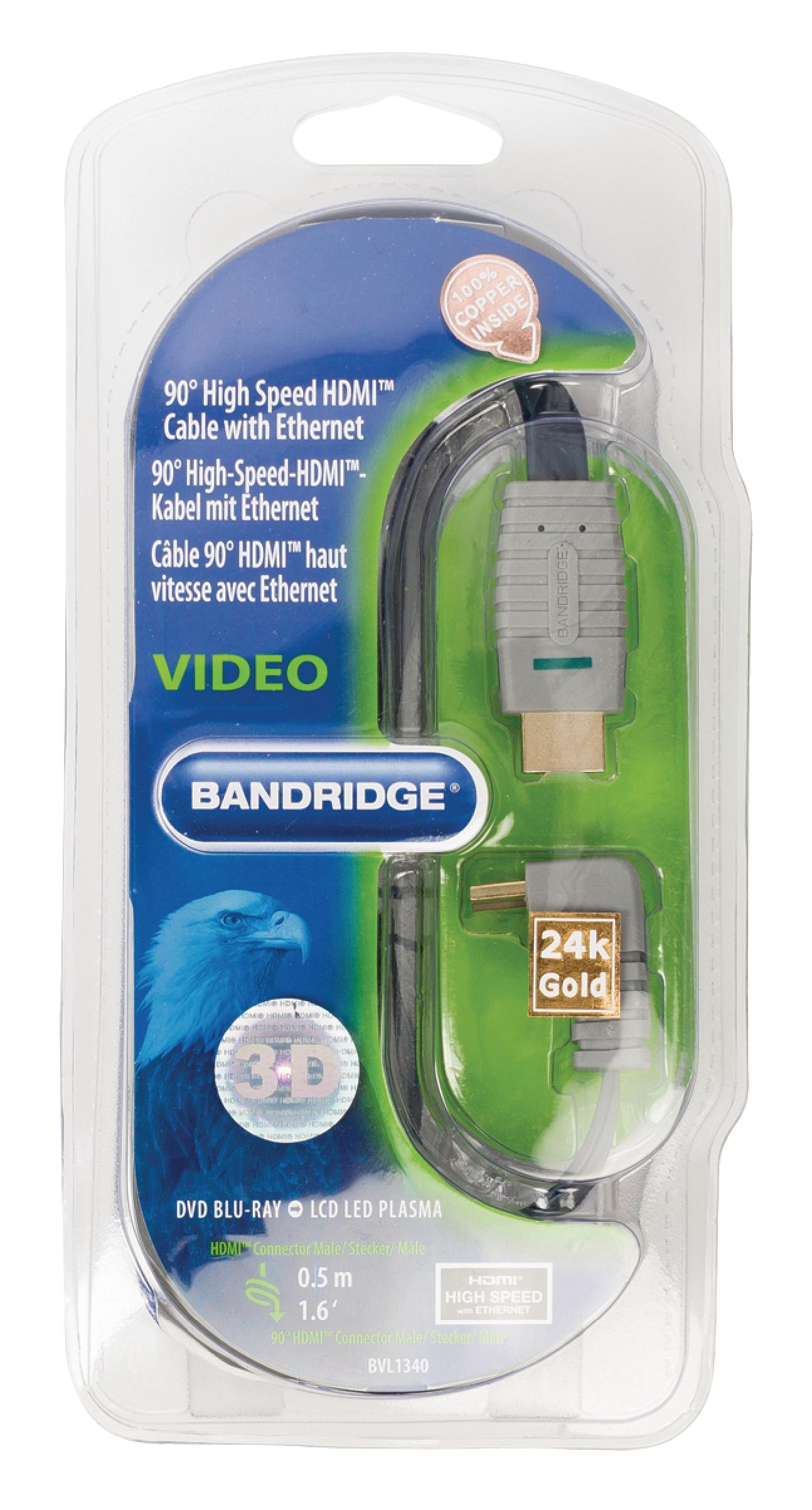 Bandridge 0.5m HDMI Cable 90° Angled Connector 4K Ultra HD High Speed with Ethernet Blue BVL1340 thumbnail 2