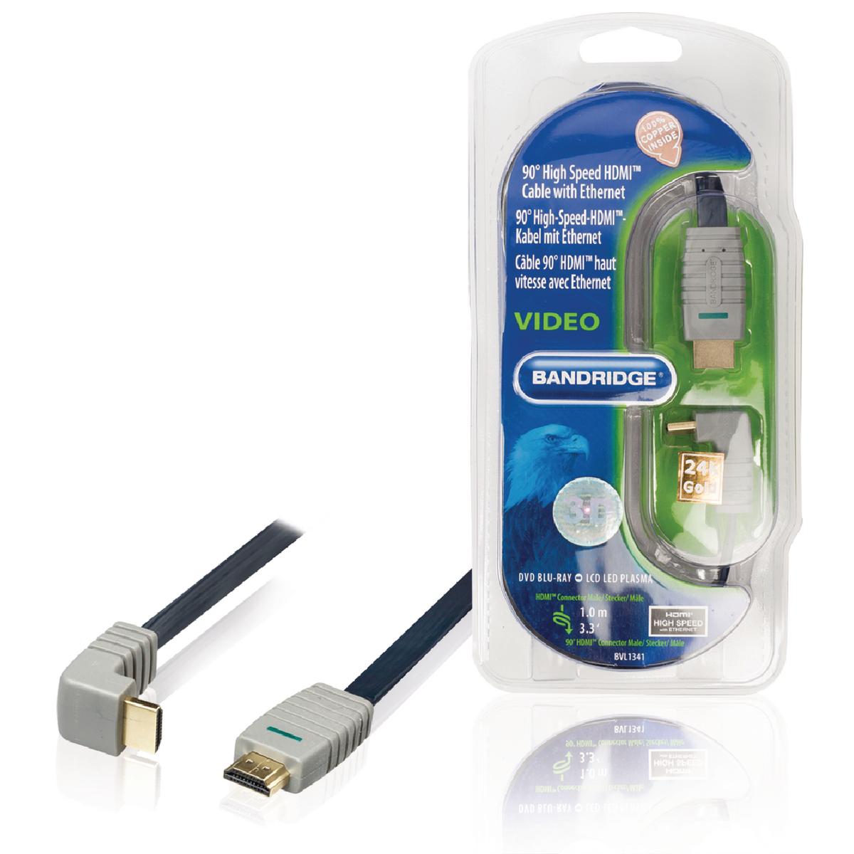 Bandridge 1m HDMI Cable 90° Angled Connector 4K Ultra HD High Speed with Ethernet Blue BVL1341