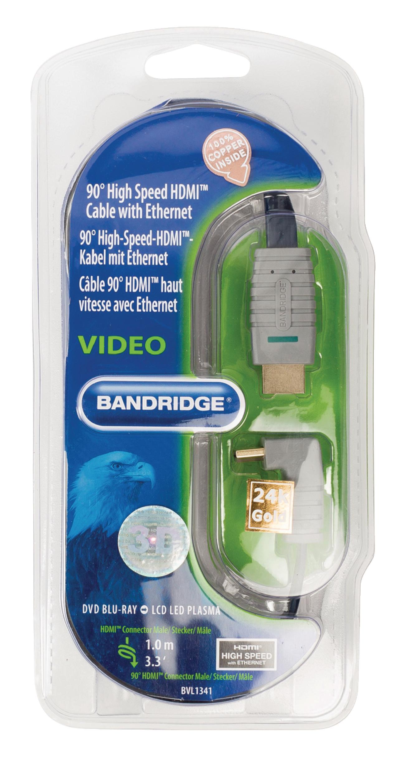 Bandridge 1m HDMI Cable 90° Angled Connector 4K Ultra HD High Speed with Ethernet Blue BVL1341 thumbnail 2