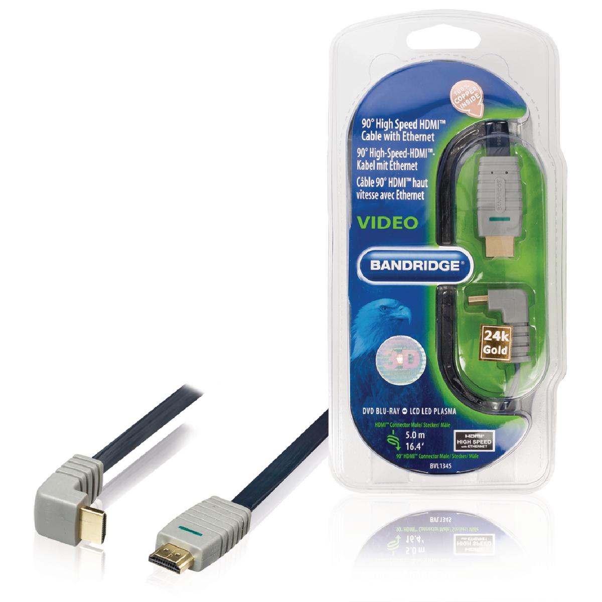 Bandridge 5m Flat HDMI Cable 90° Angled Connector 4K Ultra HD High Speed with Ethernet Blue BVL1345