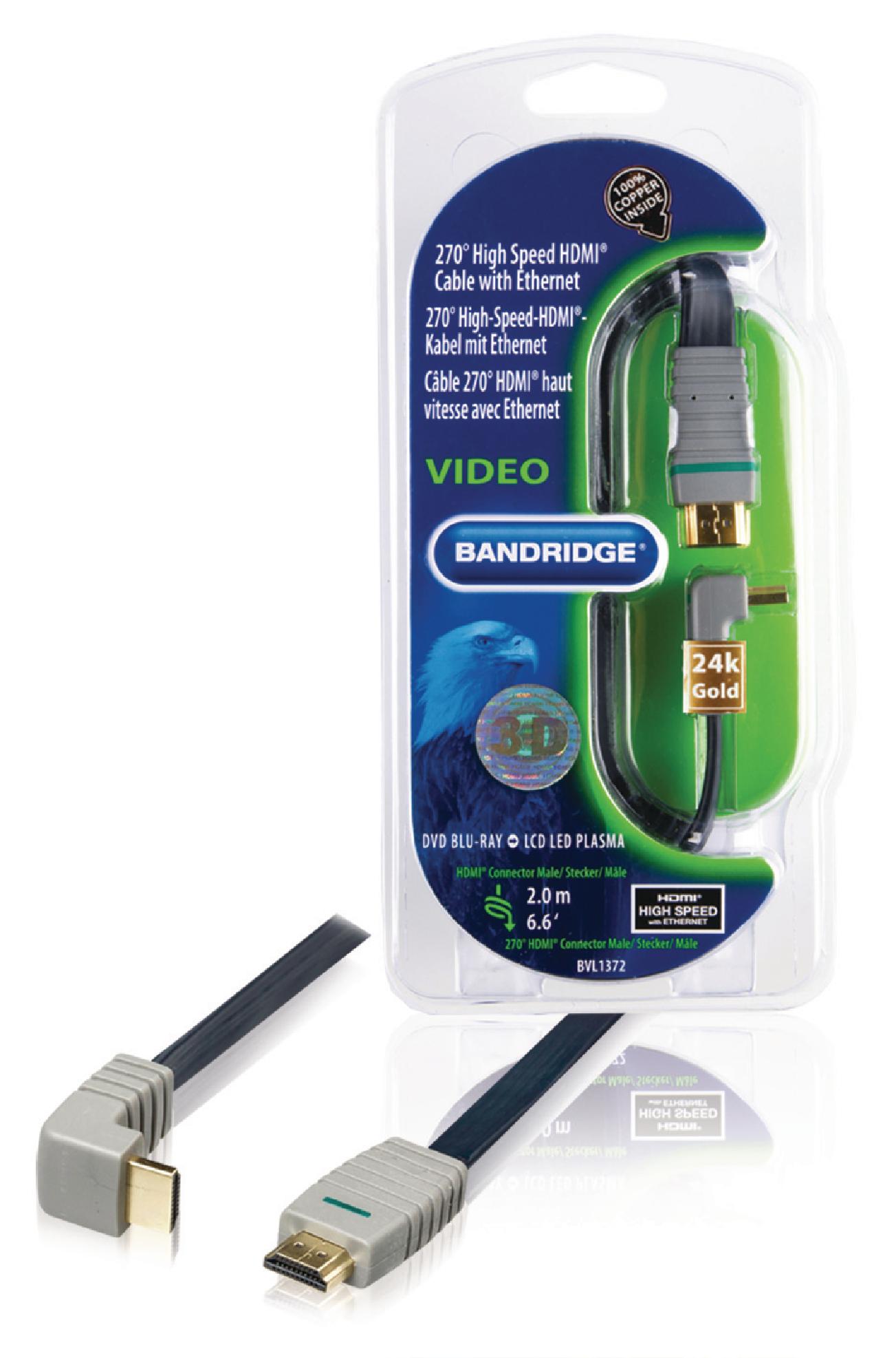 Bandridge 2m HDMI Cable 270° Angled Connector 4K Ultra HD High Speed with Ethernet Blue BVL1372