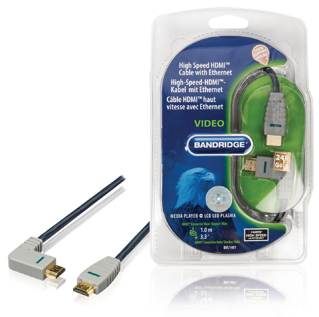 Bandridge 1m HDMI Cable Left Angled Connector 4K Ultra HD High Speed with Ethernet Blue BVL1401