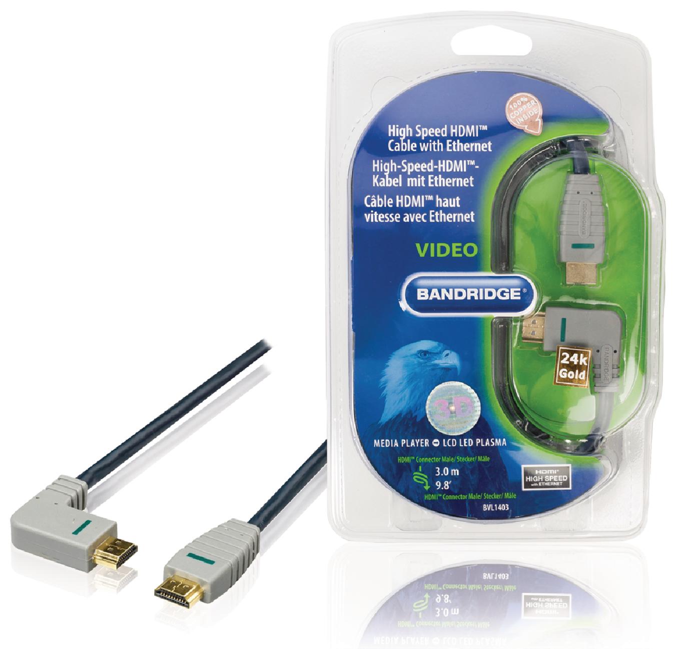 Bandridge 3m HDMI Cable Left Angled Connector 4K Ultra HD High Speed with Ethernet Blue BVL1403