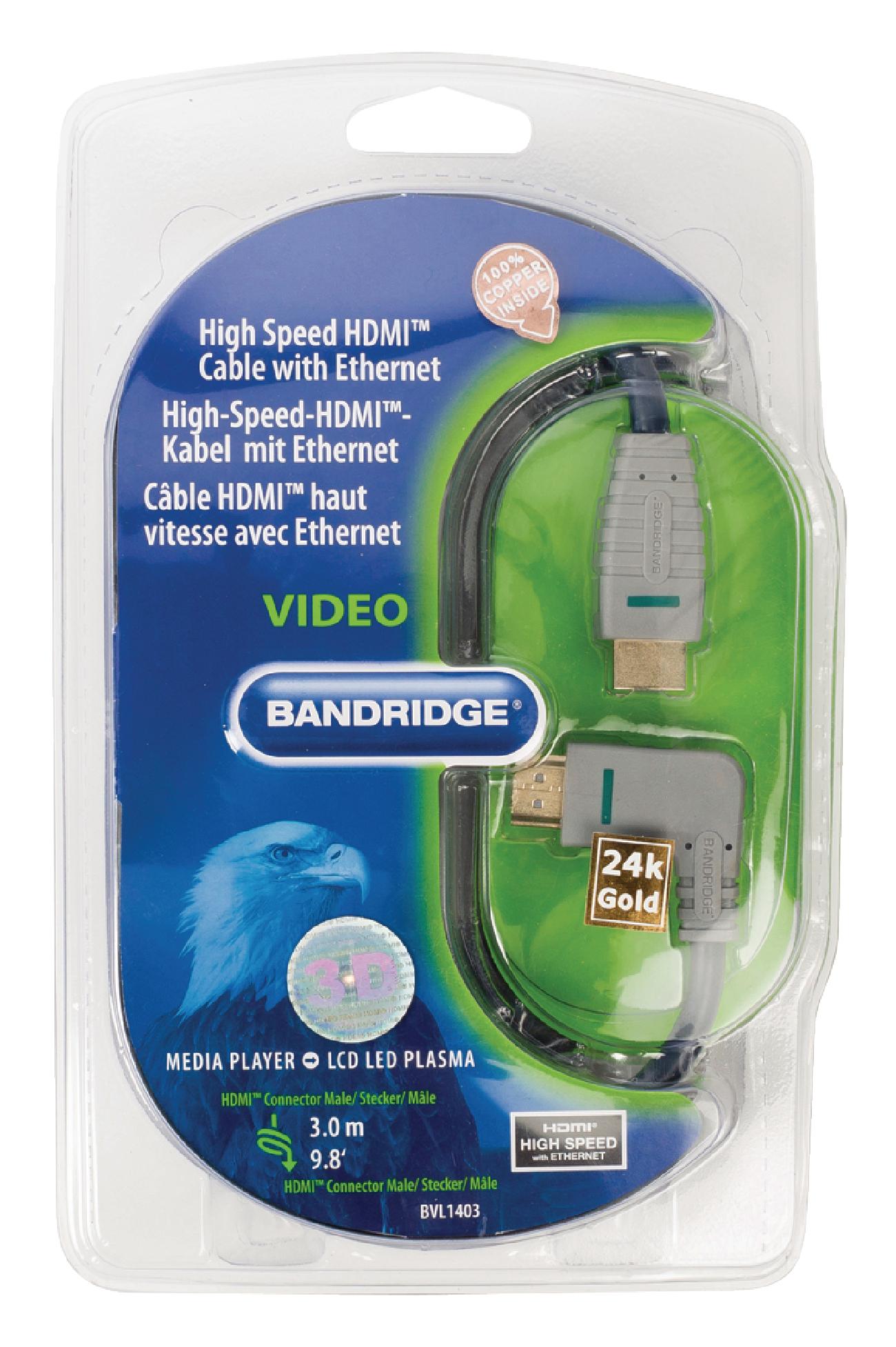 Bandridge 3m HDMI Cable Left Angled Connector 4K Ultra HD High Speed with Ethernet Blue BVL1403 thumbnail 2