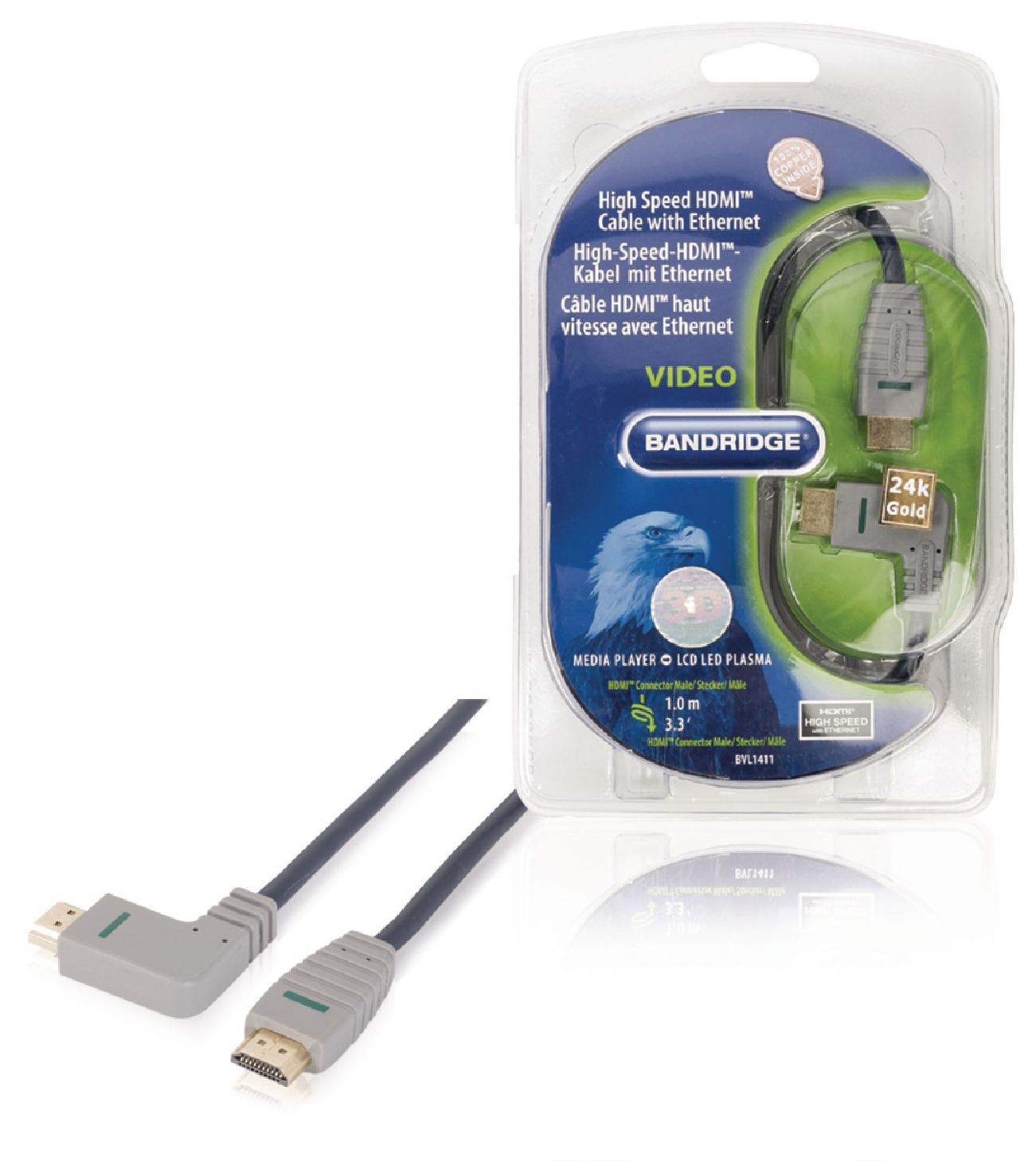 Bandridge 1m HDMI Cable Right Angled Connector 4K Ultra HD High Speed with Ethernet Blue BVL1411
