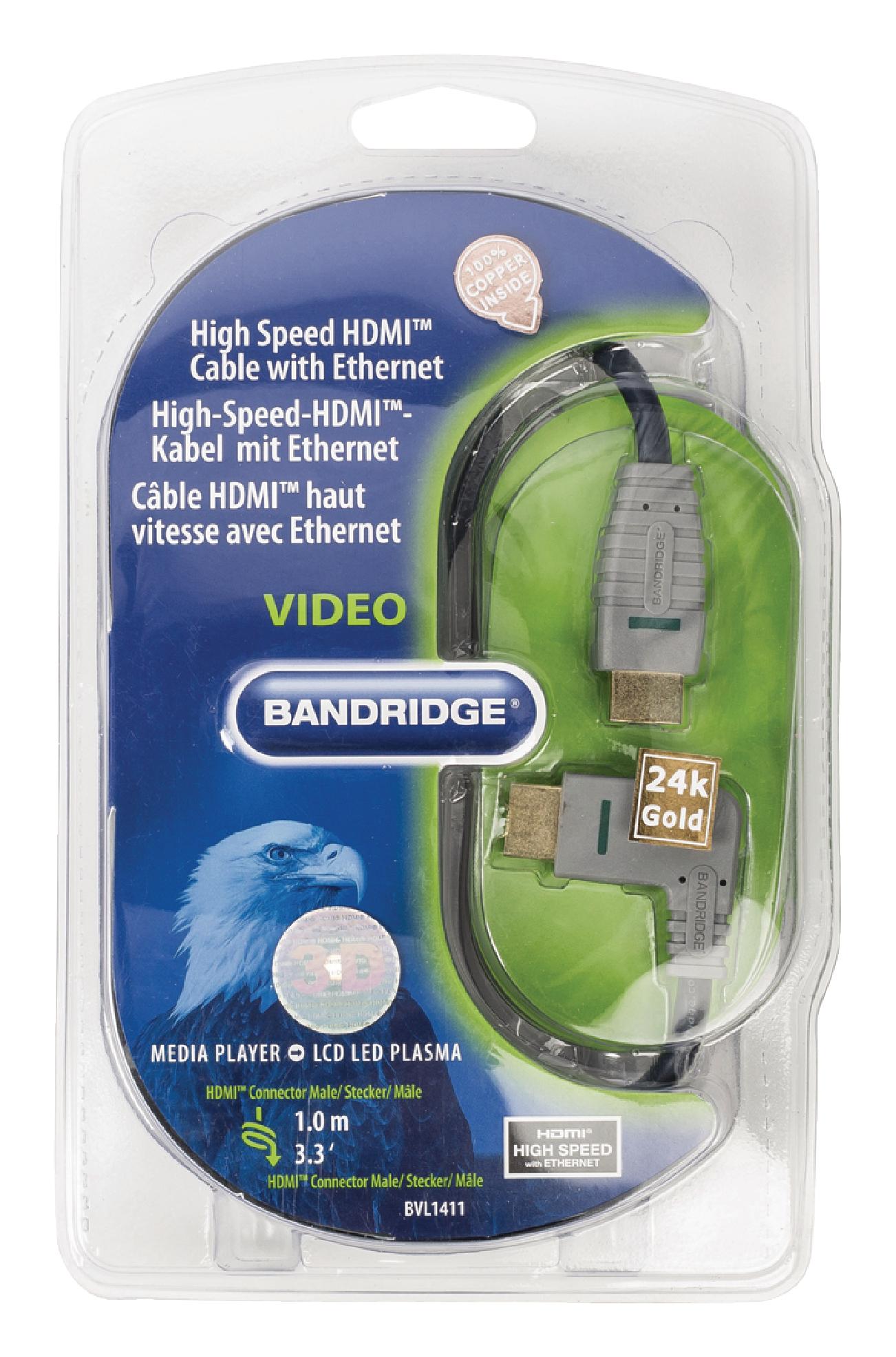 Bandridge 1m HDMI Cable Right Angled Connector 4K Ultra HD High Speed with Ethernet Blue BVL1411 thumbnail 2