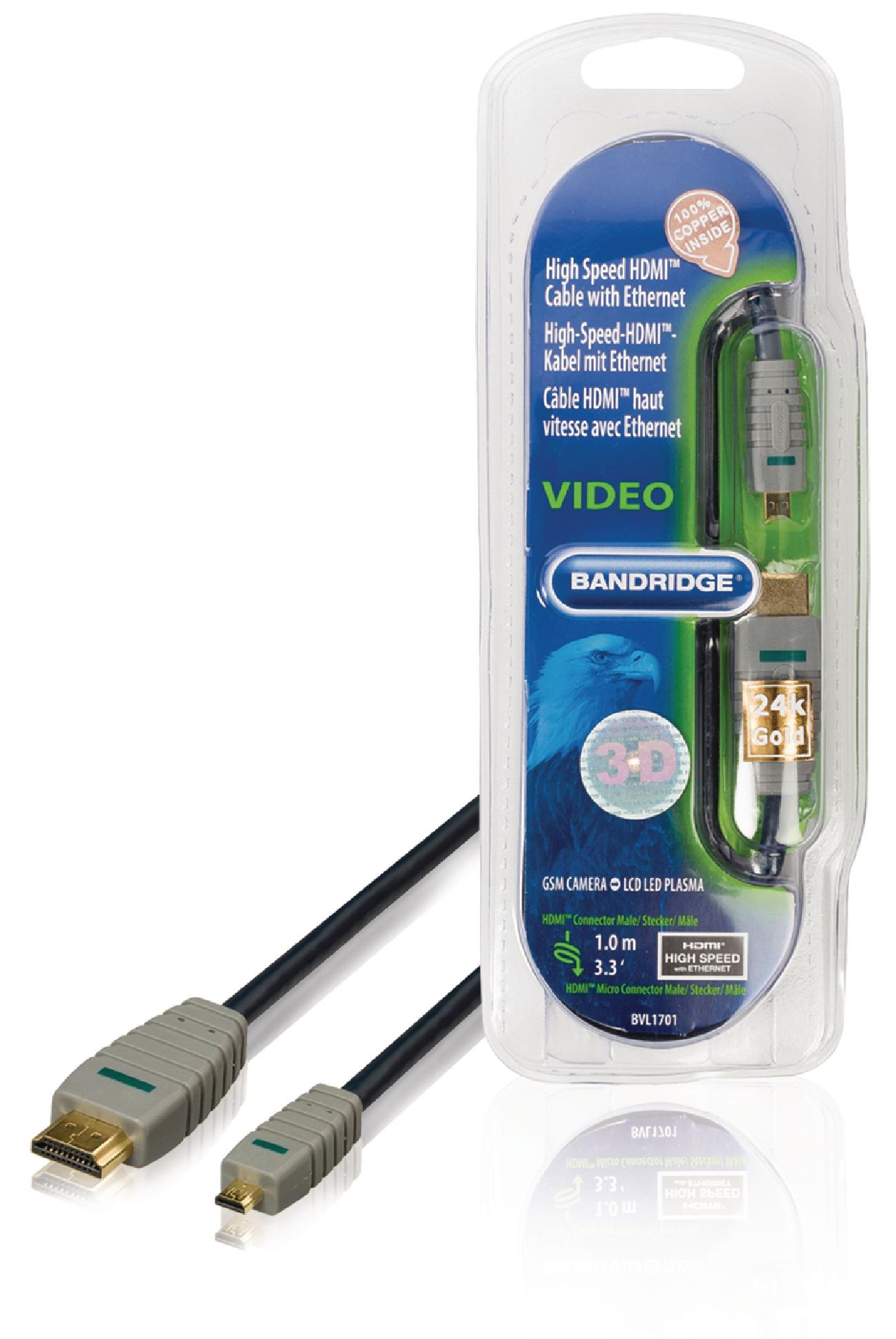 Bandridge 1m HDMI to Micro HDMI Cable 4K Ultra HD High Speed with Ethernet Blue BVL1701