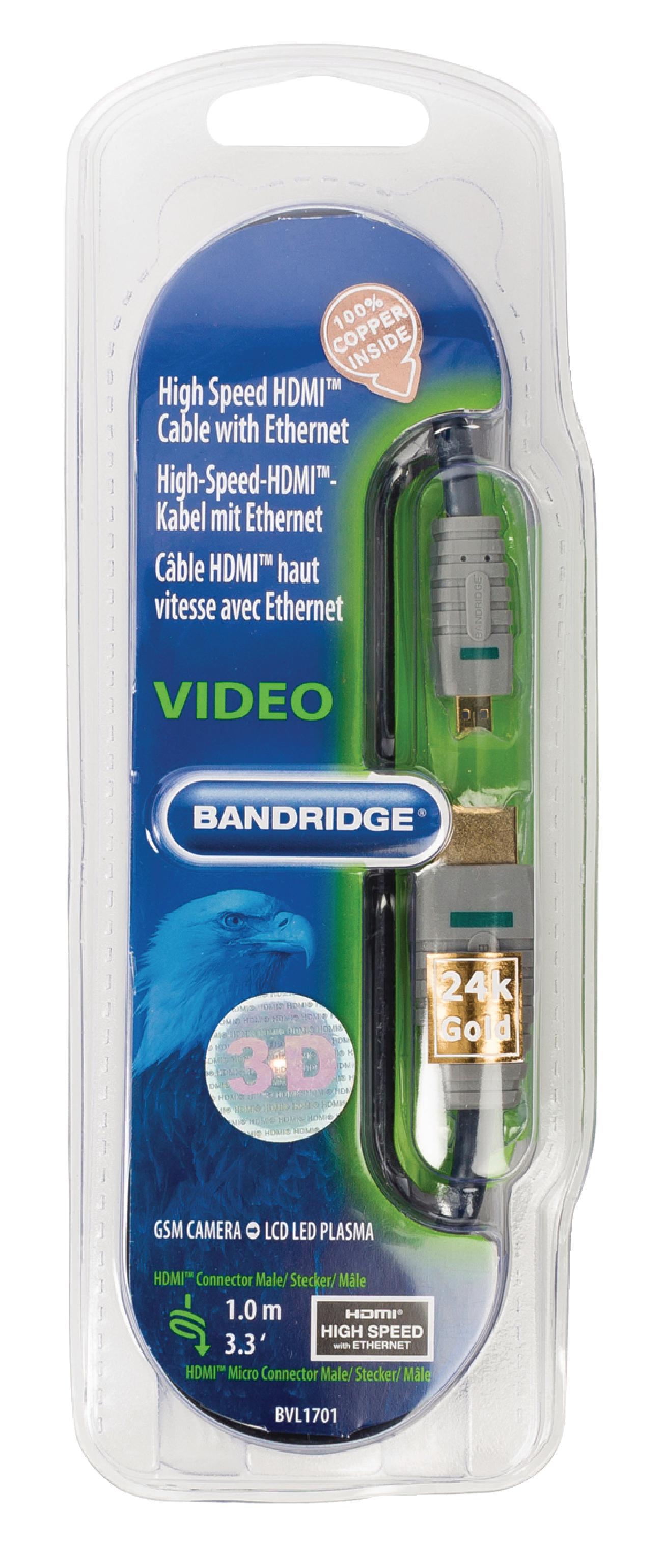Bandridge 1m HDMI to Micro HDMI Cable 4K Ultra HD High Speed with Ethernet Blue BVL1701 thumbnail 2