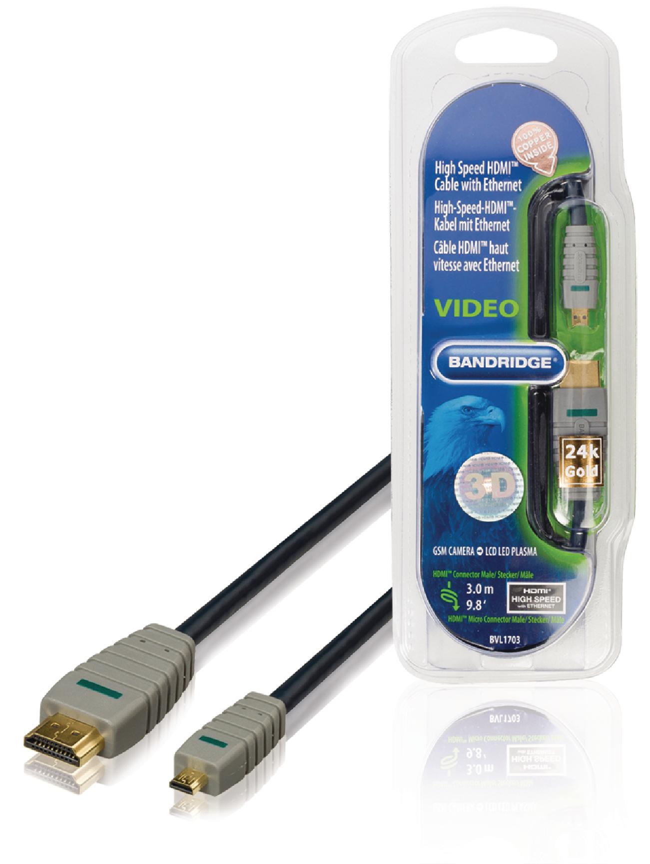 Bandridge 3m HDMI to Micro HDMI Cable 4K Ultra HD High Speed with Ethernet Blue BVL1703