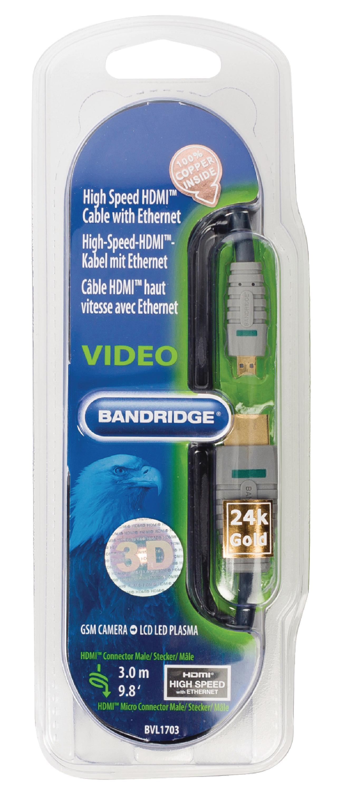 Bandridge 3m HDMI to Micro HDMI Cable 4K Ultra HD High Speed with Ethernet Blue BVL1703 thumbnail 2