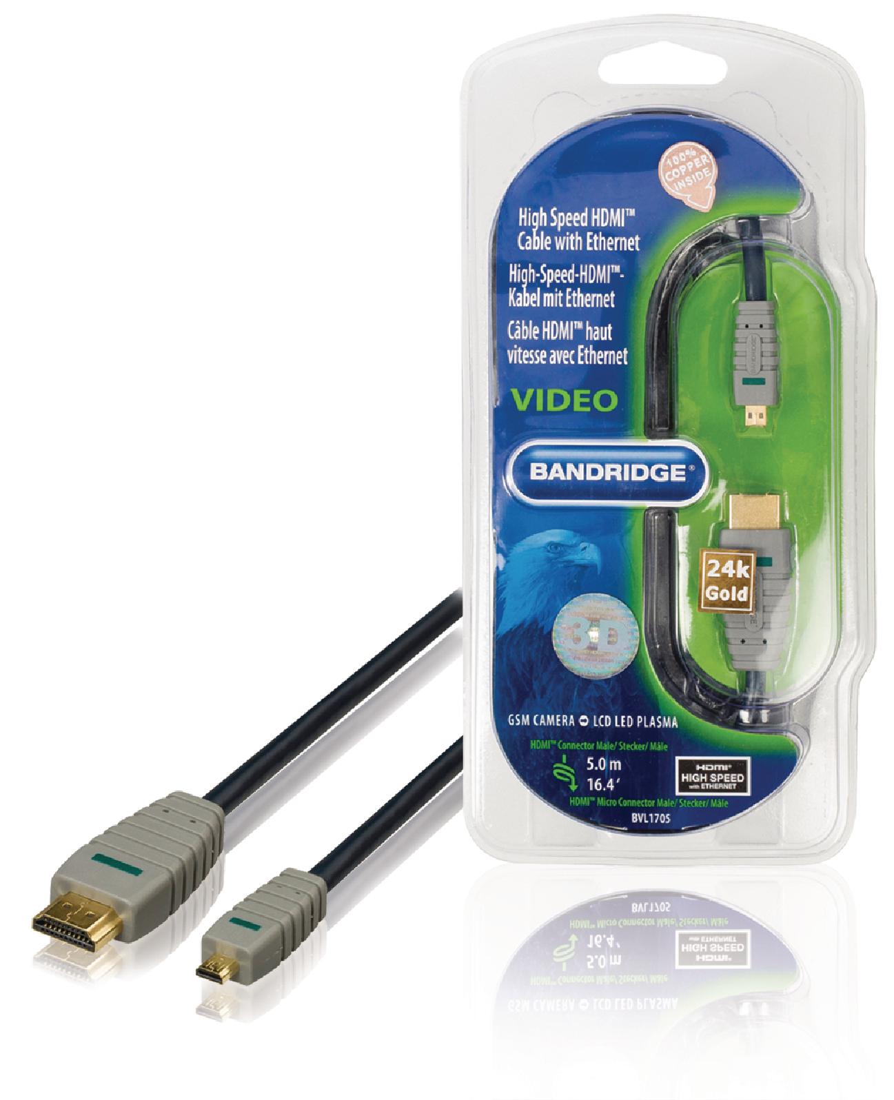 Bandridge 5m HDMI to Micro HDMI Cable 4K Ultra HD High Speed with Ethernet Gold Plated