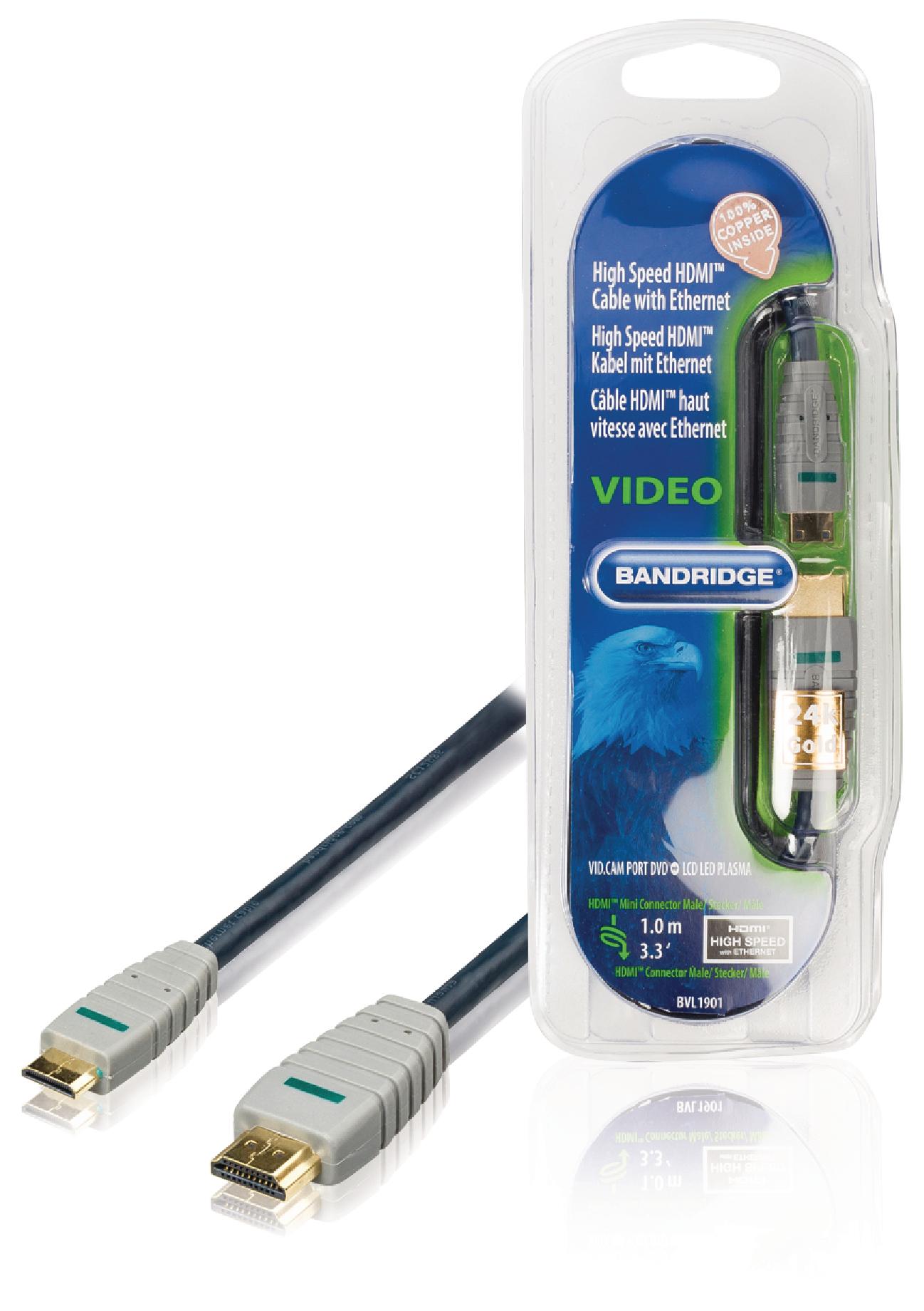 Bandridge 1m HDMI to Mini HDMI Cable 4K Ultra HD High Speed with Ethernet Blue BVL1901