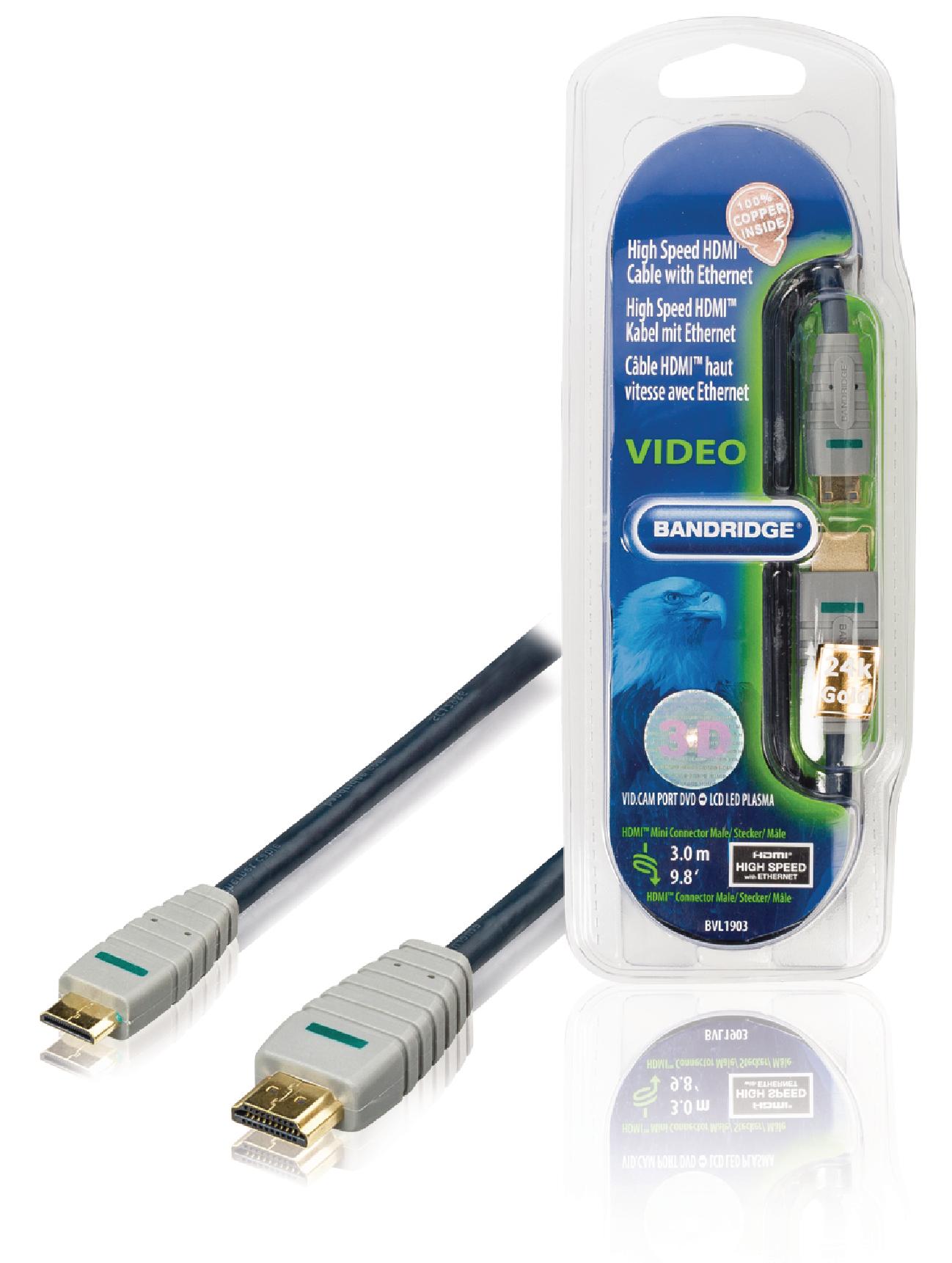 Bandridge 3m HDMI to Mini HDMI Cable 4K Ultra HD High Speed with Ethernet Blue BVL1903