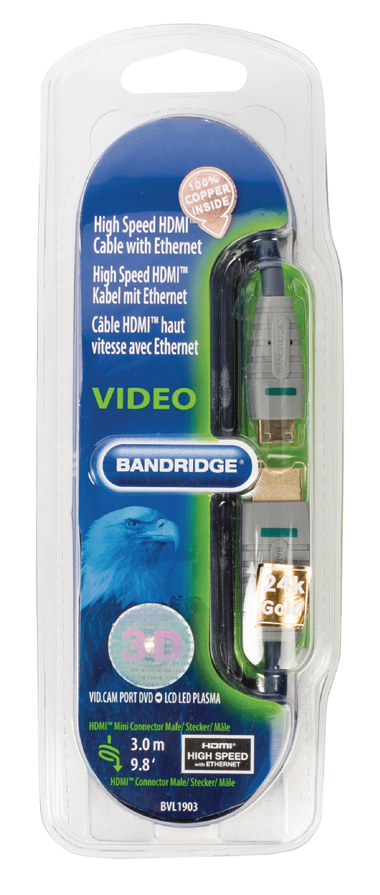 Bandridge 3m HDMI to Mini HDMI Cable 4K Ultra HD High Speed with Ethernet Blue BVL1903 thumbnail 2