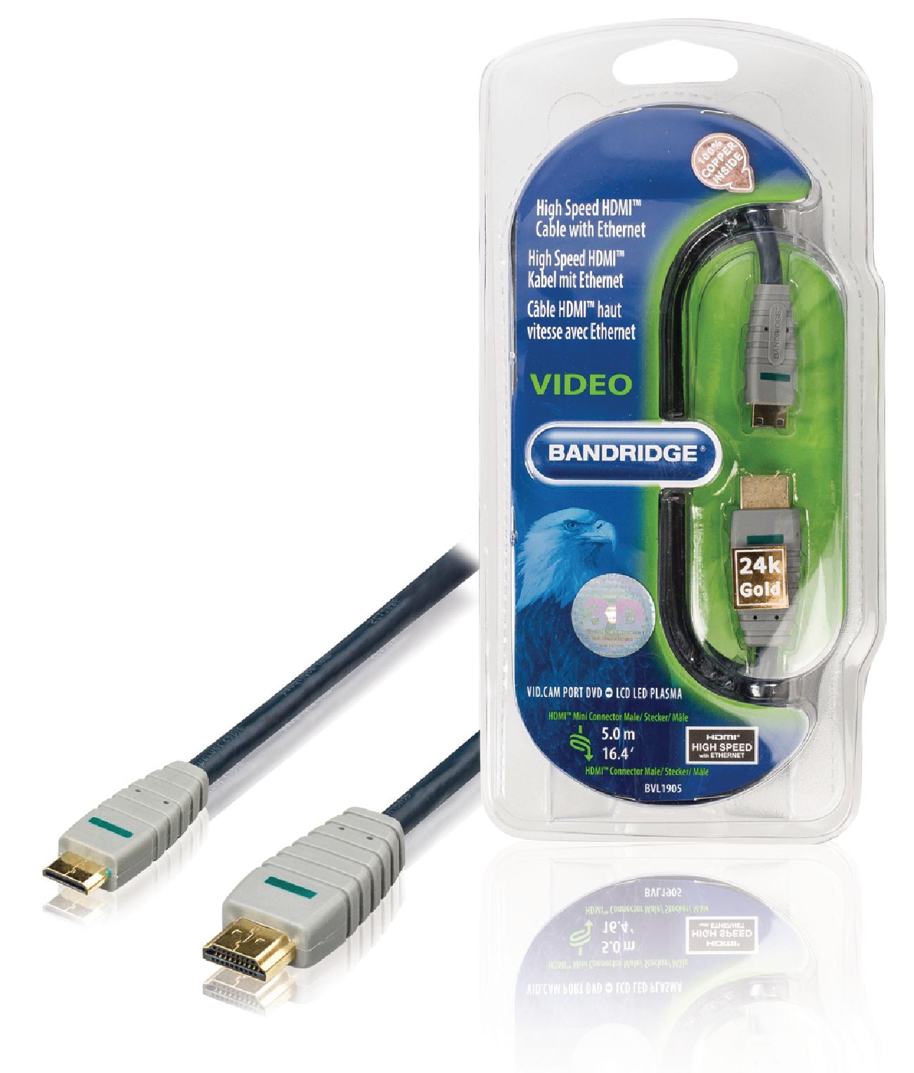 Bandridge 5m HDMI to Mini HDMI Cable 4K Ultra HD High Speed with Ethernet Blue BVL1905