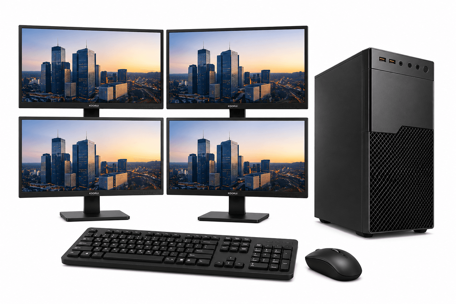 PCGH WorkCore Elite Pro Business Workstation Bundle – Ryzen 5 5500 GT 730 16GB RAM 1TB SSD with 4 × 24" Monitors