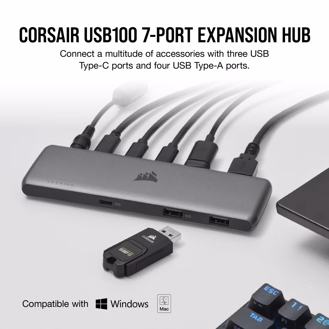 Corsair USB100 7-Port USB Hub with 3x USB-C & 4x USB-A Powered Expansion Hub thumbnail 3