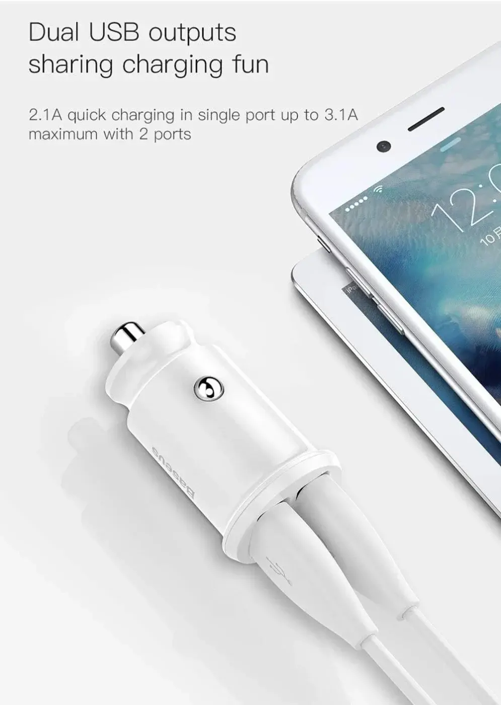 Baseus Mini Car Charger — Dual USB 3.1A 5V (White) thumbnail 2