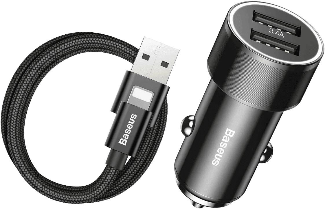Baseus Small Screw Car Charger 3.4A + Lightning Cable for Smartphone & Tablet