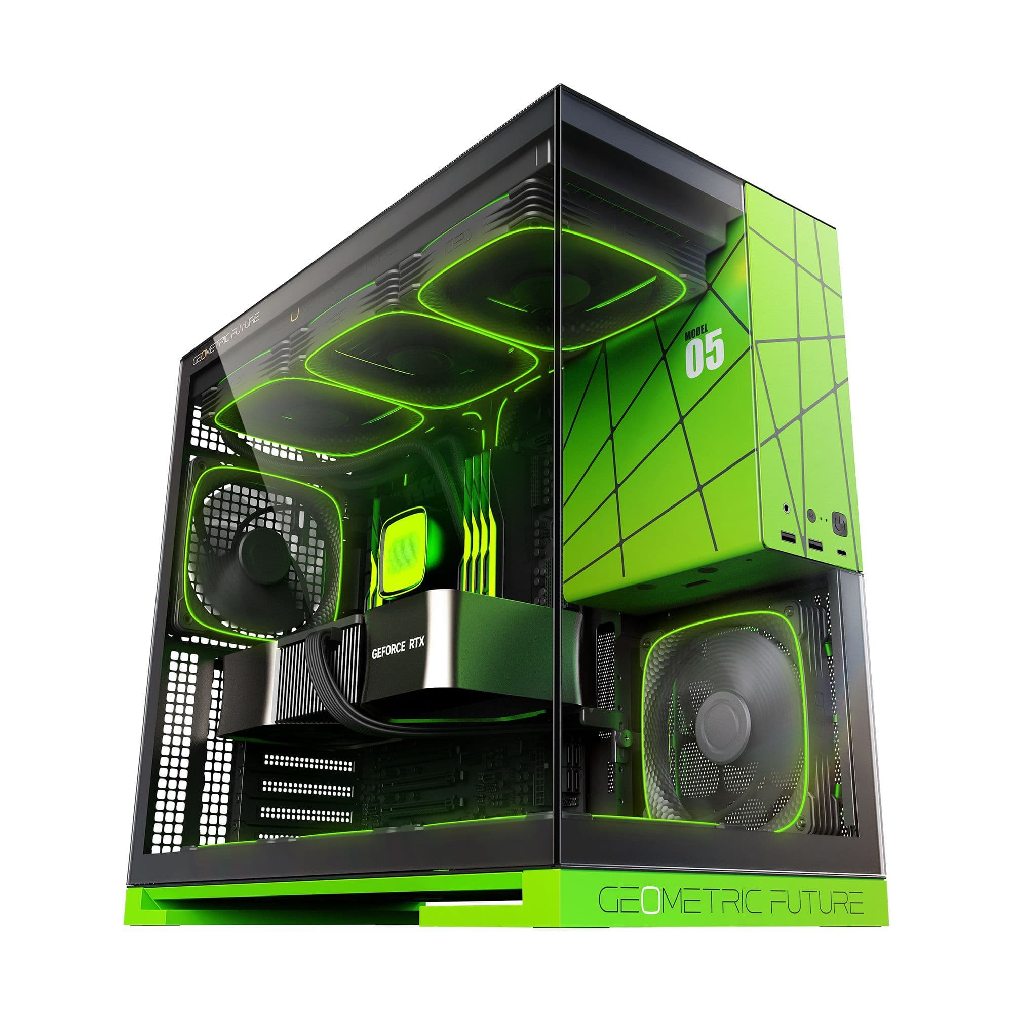 Geometric Future Model 5 NVIDIA Limited Edition Black/Green E-ATX Mid Tower PC Case USB-C thumbnail 2