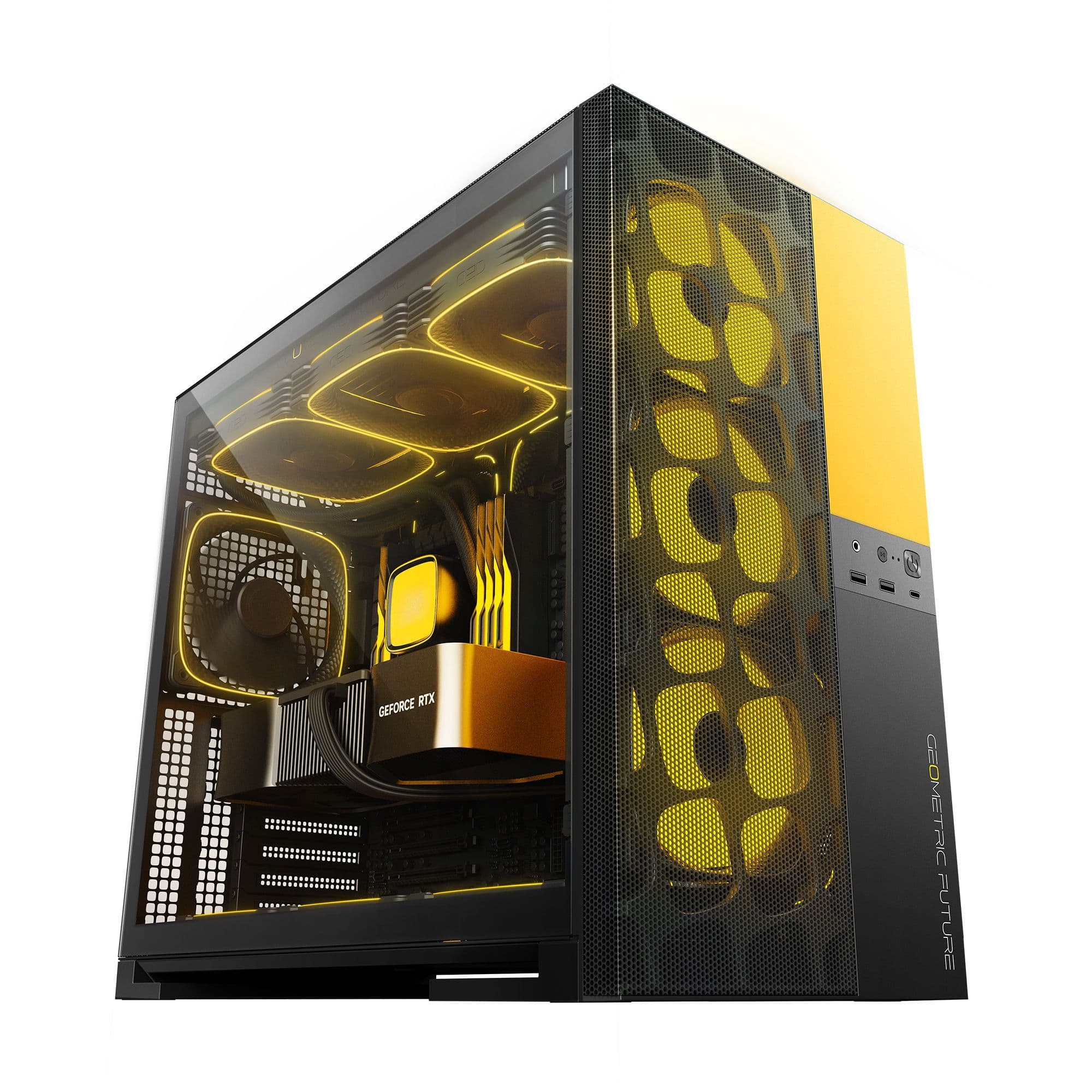 Geometric Future Model 5 Vent Black/Yellow E-ATX Mid Tower PC Case with 5 ARGB Fans USB-C thumbnail 2