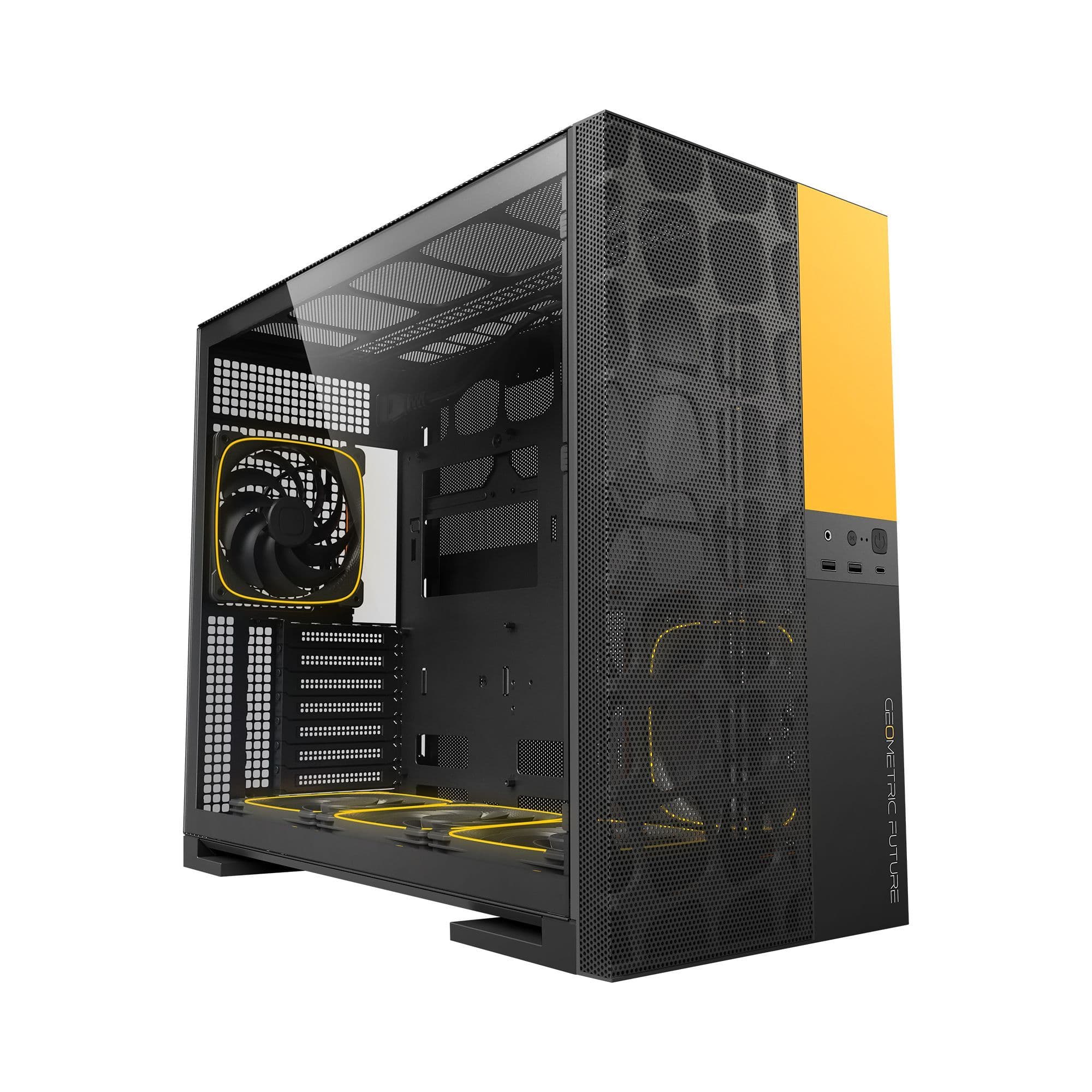 Geometric Future Model 5 Vent Black/Yellow E-ATX Mid Tower PC Case with 5 ARGB Fans USB-C