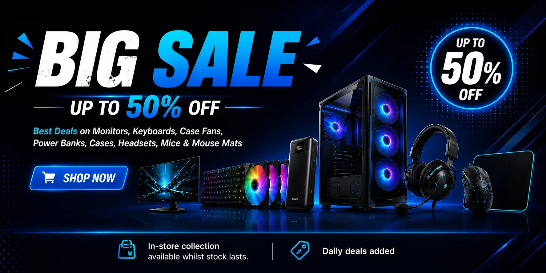 Big Sale — best deals on monitors, keyboards, case fans, power banks, cases, headsets, mice and mouse mats at PC Gamers Hub