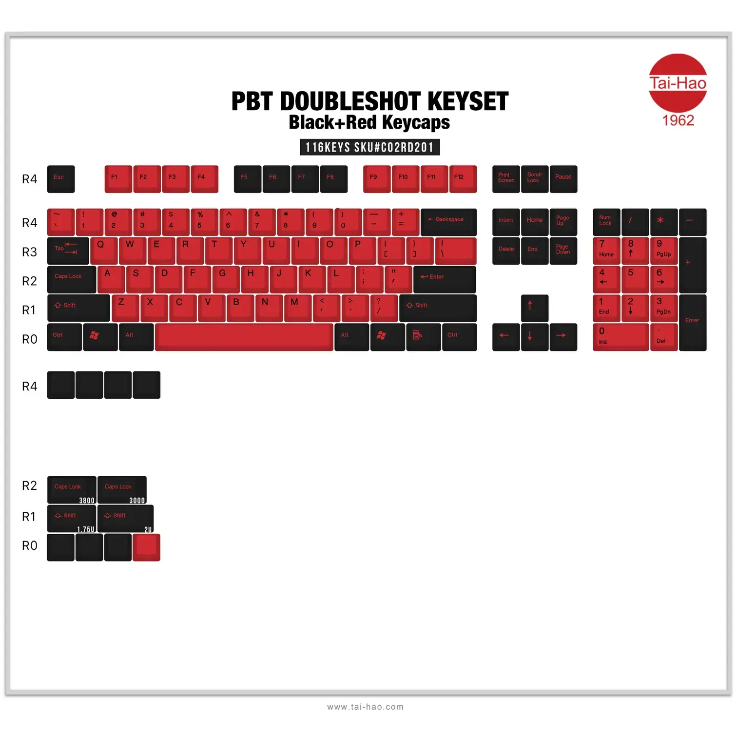 Tai-Hao PBT Double-Shot Full Keycap Set — Dark Blood (Black & Red), ANSI + ISO UK Layout thumbnail 2