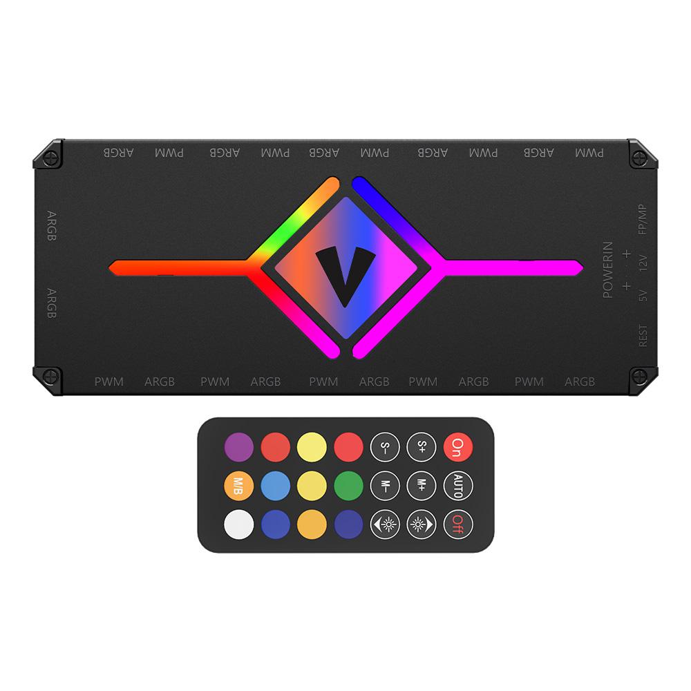 Vida 10-Port PWM ARGB Fan Hub with Remote Control — SATA Powered, Motherboard Sync